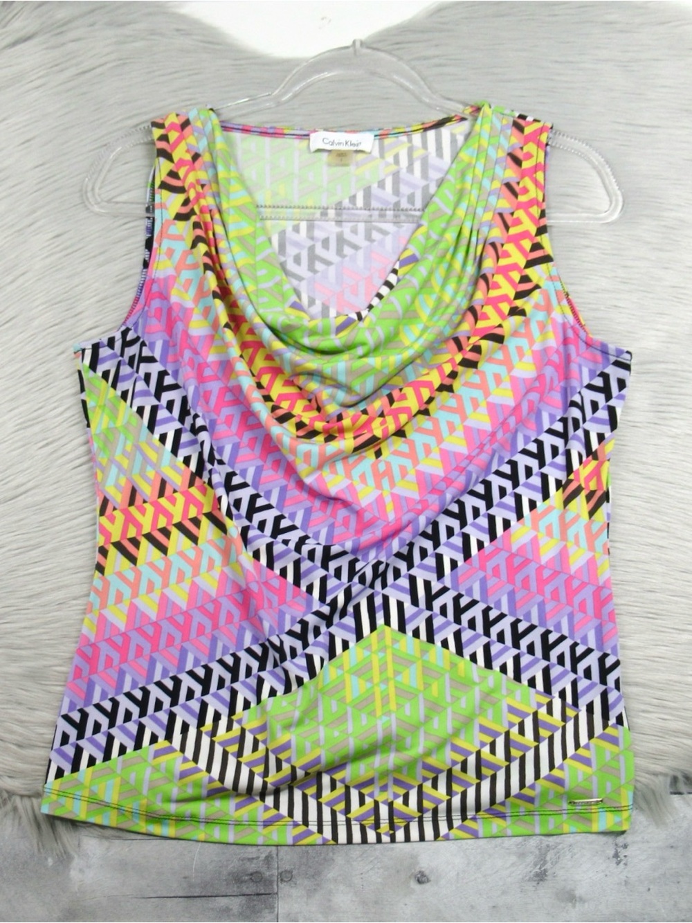 Calvin Klein Neon Multicolor Geometric Cowl Neck Shell Tank Blouse - Large